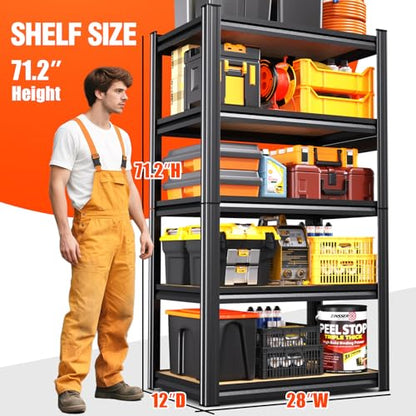 Garage Shelving Heavy Duty 5-Tier Storage Shelves, Adjustable Shelving Unit, Utility Garage Organizer Shelf for Basement, Pantry, Kitchen, Warehouse,Supermarket, 12" Dx28 Wx71.2 H, Black - size: 5-Wood-12"Dx28"Wx71.2"H
