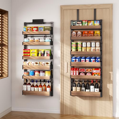 6-Tier Over The Door Pantry Organizer, Heavy-Duty Metal Wall Mount or Hanging Spice Rack, behind the door storage Shelves with Adjustable Basket, Back of Door Organizer for Kitchen Cabinet and Closet - color: Coffee wood, size: 17"W-6 tier