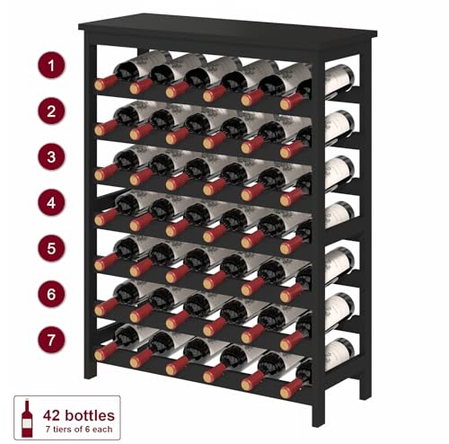 42 Bottles Wine Rack Freestanding Floor, Black Table Top, Kitchen Cellar - color: Black