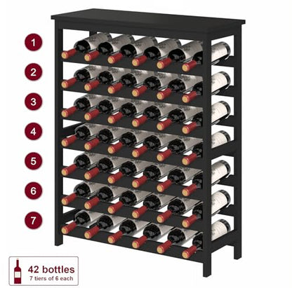 42 Bottles Wine Rack Freestanding Floor, Black Table Top, Kitchen Cellar - color: Black