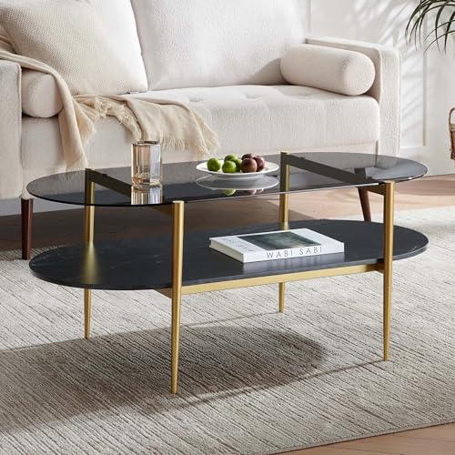 LumFurn Oval Glass Coffee Table, Mid-Century Modern Design, L41 x W21 x H17 inch, for Living Room, Grey Glass Top, Black Marble Finish Wood Shelf & Gold Finish Frame - color: Grey & Black Marble, size: L41" Oval Coffee Table