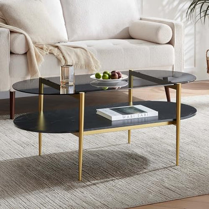 LumFurn Oval Glass Coffee Table, Mid-Century Modern Design, L41 x W21 x H17 inch, for Living Room, Grey Glass Top, Black Marble Finish Wood Shelf & Gold Finish Frame - color: Grey & Black Marble, size: L41" Oval Coffee Table