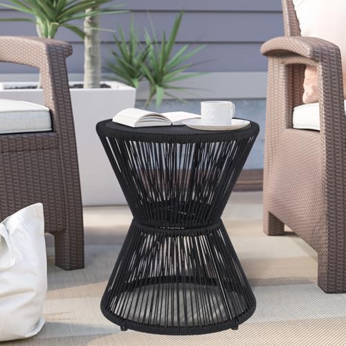 SUNNYPARK Small Outdoor Side End Table Modern Hourglass Style 20" H | Tempered Glass Top, Hand-Woven Rope, Easy Assembly, All Weather, Round Accent Table for Coffee Patio Balcony Poolside - color: Black