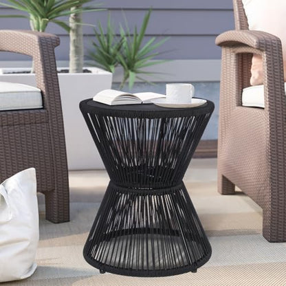 SUNNYPARK Small Outdoor Side End Table Modern Hourglass Style 20" H | Tempered Glass Top, Hand-Woven Rope, Easy Assembly, All Weather, Round Accent Table for Coffee Patio Balcony Poolside - color: Black