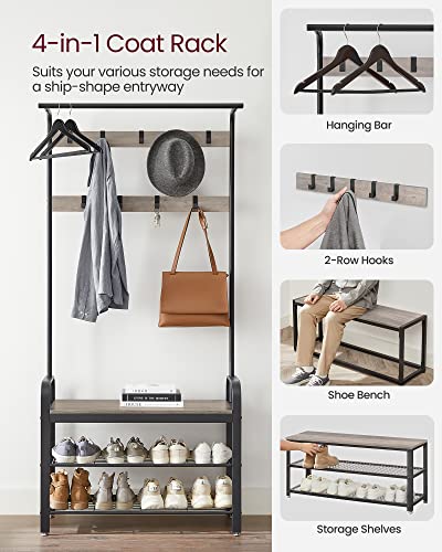 VASAGLE Coat Rack, Hall Tree with Shoe Bench for Entryway, Entryway Bench with Coat Rack, 4-in-1, with 9 Removable Hooks, a Hanging Rod, 13.3 x 33.1 x 72.1 Inches, Greige and Black UHSR400B02 - color: Greige + Black, size: 33.1"W