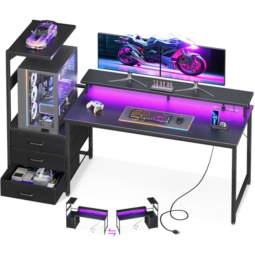AODK 63 inch Gaming Desk with PC Display Stand, Reversible Steel Wood Computer Desk for Gaming Setup, Tiered Design to Show Off Your PC Tower & Accessories, Black - color: Black, size: 63 Inches