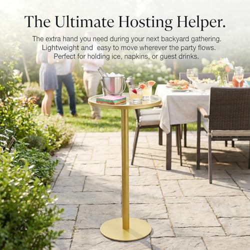 Gold Drink Table, Indoor Outdoor Small Round Side Table with Tempered Glass Top & Scroll Design, 24.7" Metal Pedestal End Table for Living Room, Patio, Small Spaces, Weather Resistant - color: Gold