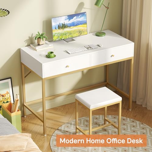 SUPERJARE 35.4" White and Gold Desk with 2 Drawers, Modern Makeup Vanity | Vanity with Padded Stool, Small Computer Desk Home Office Desk for Writing Study Bedroom - color: Gold and White, size: 35.4 inch
