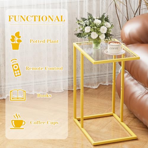 C Table Side End Table, Small C Shaped Table for Sofa,Glass Couch Sofa Tray Snack Table for Living Room, Bedroom,TV Tray Table for Small Space,Accent Coffee Table,Nightstand with Metal Frame(Yellow) - color: Yellow
