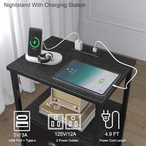sthmec Nightstand with Charging Station, LED Night Stand Set 2, Bedside Table End Table Set of 2, Bedroom Table with 2 Fabric Drawers PU Finish, 3-Tier Storage Side Table for Bedroom,Black - color: Black