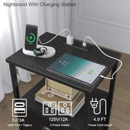 sthmec Nightstand with Charging Station, LED Night Stand Set 2, Bedside Table End Table Set of 2, Bedroom Table with 2 Fabric Drawers PU Finish, 3-Tier Storage Side Table for Bedroom,Black - color: Black