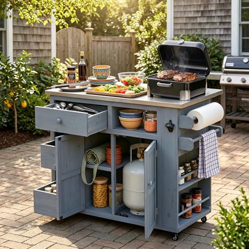 Outdoor Solid Wood Kitchen Island with Storage, 28" Extendable Stainless Steel Top Grill Cart, Rolling BBQ Prep Station with Drawers, Spice Rack, Towel Rack for Backyard, Patio, Camping - color: Grey