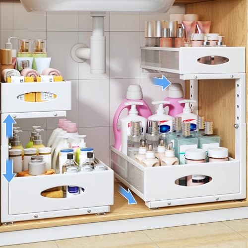 Under Sink Organizer, 2 Pack 2 Tier Pull Out Under Cabinet Organizer Shelf with Pad for Framed Cabinets, Metal Slide Out Under Sink Storage, Mesh Sliding Drawers for Kitchen Bathroom Laundry, White - color: White, size: 2-Pack