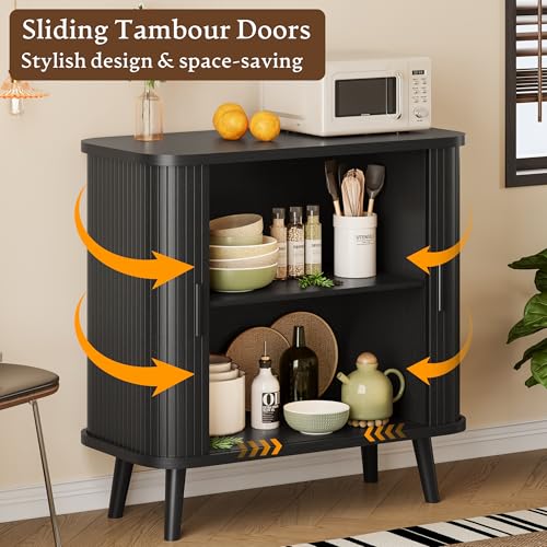 Sideboard Buffet Cabinet with Sliding Door, 31.5" Wide Fluted Modern Accent Storage Cabinet with Adjustable Shelves, Wood Coffee Bar Buffet Console Table for Kitchen, Dining Room, Living Room, Black - color: Black