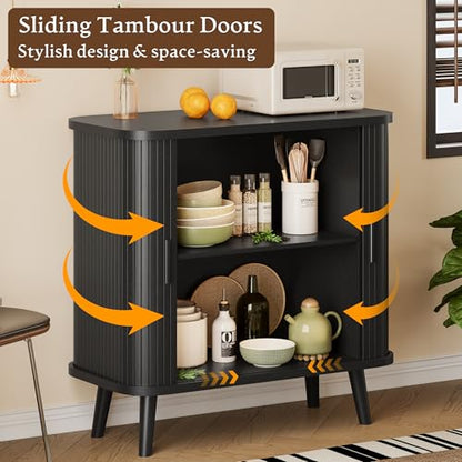 Sideboard Buffet Cabinet with Sliding Door, 31.5" Wide Fluted Modern Accent Storage Cabinet with Adjustable Shelves, Wood Coffee Bar Buffet Console Table for Kitchen, Dining Room, Living Room, Black - color: Black