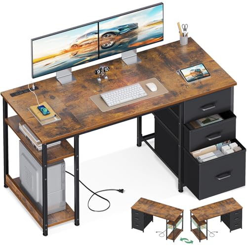 AODK 51 Inch Computer Desk with Drawers & USB Power Outlets | Reversible Home Office Desk with Storage Shelves, Work from Home, Modern Work/Writing/Study Table for Bedroom, Vintage - color: Vintage, size: 51 Inch