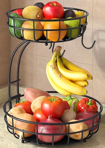 Sevenblue 2 Tier Modern Fruit Basket for Kitchen Counter with 2 Banana Hook | Space-Saving Vertical Storage for Veggies, Bread, Snacks, Fits Under Cabinets, Includes Protective Mats to Prevent Bruising - color: Black, size: 2 Tier