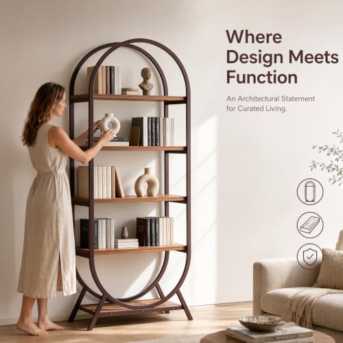 Bookshelf Arched Bookcase, 5 Tier Open Freestanding Display Shelf for Home Office, Living Room, Walnut - color: Walnut, size: 5 Tier Arched