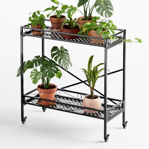 Zhongma 2 Tier Window Height Sturdy Metal Plant Stand with Wheels, 36.6x16x39.4 Inch High, Heavy Duty Succulent Shelf for Home Indoor and Outdoor, 440 LBS Capacity & Heavy Duty Construction - color: 2 Tier 36.6 x16x39.4 Inch High