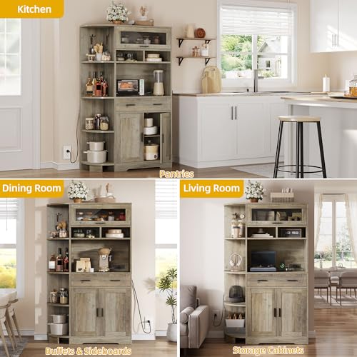 DWVO 67" Farmhouse Kitchen Pantry Cabinet with Storage Cabinet, Ash Gray | Coffee Bar & Charging Station, Buffet Sideboard, Microwave Stand, Hutch Cupboard for Dining Room Kitchen Living Room - color: Ash Gray