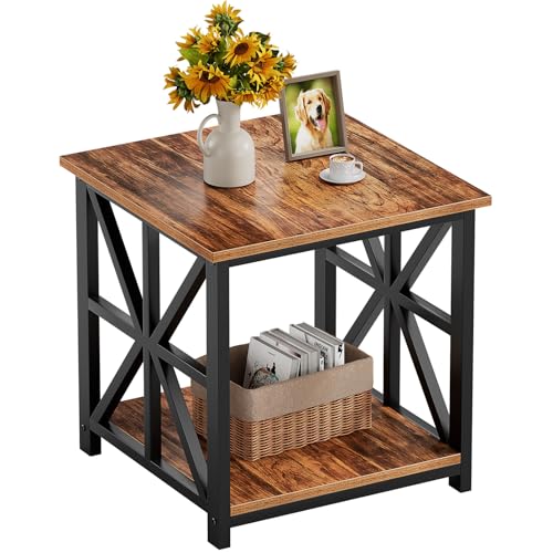 GreenForest 19.7 inch End Table with 2-Tier Storage Shelf for Living Room | Rustic Side Table for Bedroom,Sturdy X-shaped Metal Frame Nightstand,Scratch-resistant Sofa Table,Waterproof Top,Walnut - color: Walnut, size: 19.7inch