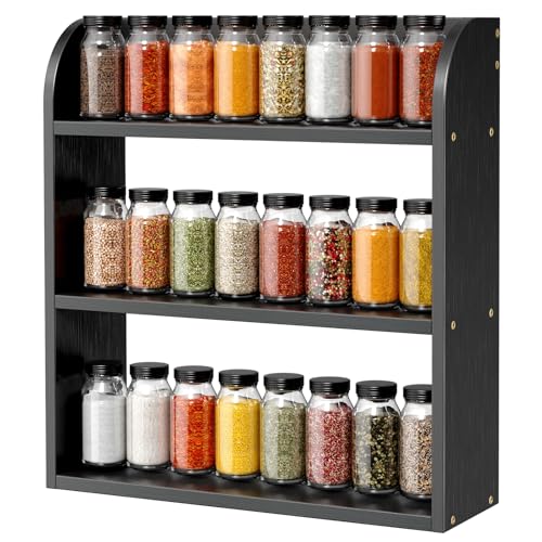ROMGUAR CRAFT 3 Tier Bamboo Spice Rack, Countertop or Wall Mounting Wood Spice Jars Organizer Shelf for Kitche, Pantry (Black) - color: Black, size: 3 Tier