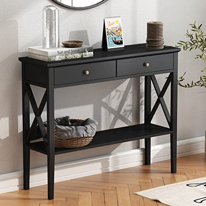ChooChoo Console Table with Drawers, Narrow Wood Accent Sofa Table Entryway Table with Storage Shelf for Entryway, Front Hall, Hallway, Living Room, Black | 11.8"D x 39.4"W x 31.5"H, Console Table, Narrow Wood Accent Sofa Table for Entryway, Front Hall, H