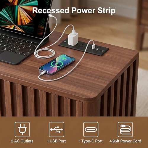 70 Inch Walnut Fluted TV Stand for 80 Inch TVs, Mid Century Modern Entertainment Center with Sliding Doors, Power Outlets, Storage Shelves, Wood Media Console Cabinet for Living Room