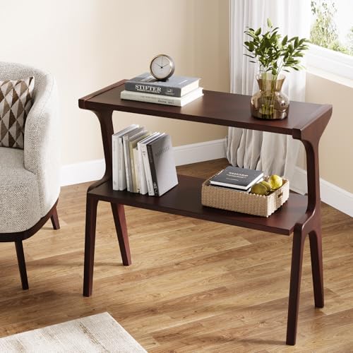 Tribesigns Solid Wood End Table, 2-Tier Farmhouse Side Table with Storage Shelves, Slim Side Table for Couch with Unique Legs, Long Bedside Table for Bedroom, Living Room, Burgundy - color: Burgundy