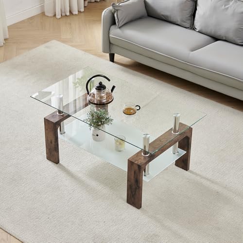 Living Room Rectangle Coffee Table, Tea Table Suitable for Waiting Room, Modern Side Coffee Table with Wooden Leg, Glass Tabletop with Lower Shelf.(brown) - color: Brown