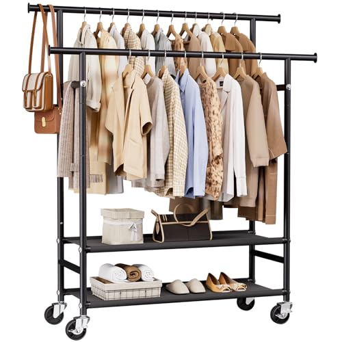 HYSEYY Clothes Rack,Double Rods Rolling Clothing Rack for Hanging Clothes,Portable Garment Rack with 2-Tier Storage Shelves,Free Standing Wardrobe Closet Coat Rack on wheels for Bedroom,Laundry Room - color: Black