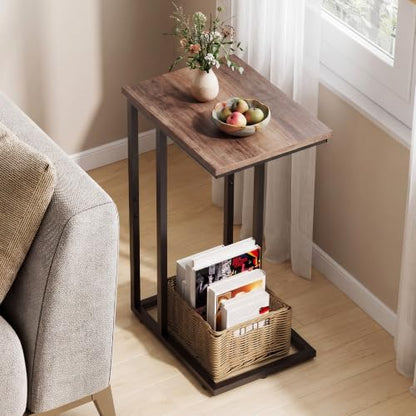 WLIVE C Shaped End Table, Small Side Tables for Sofa and Bed, Couch Table That Slides Under for Living Room, Bedroom, Home Office, Small Spaces - color: Brown