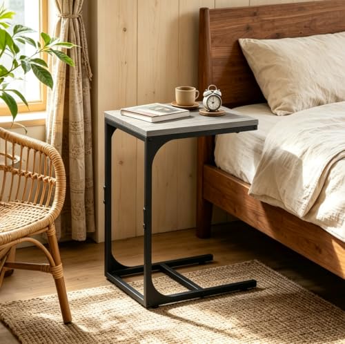 WLIVE C Shaped End Table, Small Couch Side Tables with Metal Frame, Sofa Table TV Tray for Living Room, Bedroom, Greige - color: Greige