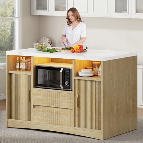 Kitchen Island with Storage, Island Table for Kitchen with Power | Outlet & LED Light, Bar Cart on Wheel Rolling Buffet Cabinet with Fluted Sliding Door, 2 Drawers, Large Countertop, Natural - color: Natural