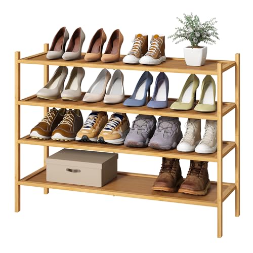 kiplant Long Shoe Rack, 4-Tier Bamboo Wood Shoe Rack, Stackable for Closet, Entryway & Hallway - color: Natural, size: 4-Tier_Long