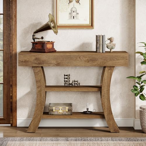 Tribesigns 41" Small Console Table for Entryway, 3-Tier Narrow Rustic Sofa Table with Storage Shelves and Curved Frame for Living Room, Entry, Hallway, Foyer (Oak Brown)