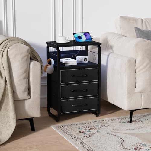 runjuly Bedside Table with 3 Fabric Drawers, LED Nightstand with Hooks, Metal Night Stand, Small End Table with Charging Station and Storage, Night Table for Bedroom, Modern Black - color: Black, style: 3 Drawers