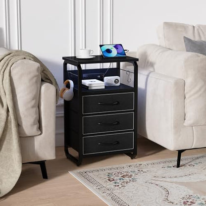 runjuly Bedside Table with 3 Fabric Drawers, LED Nightstand with Hooks, Metal Night Stand, Small End Table with Charging Station and Storage, Night Table for Bedroom, Modern Black - color: Black, style: 3 Drawers