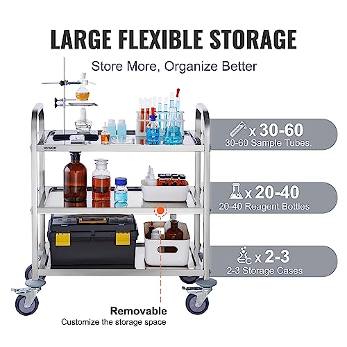 VEVOR Stainless Steel Cart, 3 Layers Lab Utility Cart 220 lbs Weight Capacity, Medical Cart with Lockable Universal Wheels, for Lab, Clinic, Kitchen, Salon