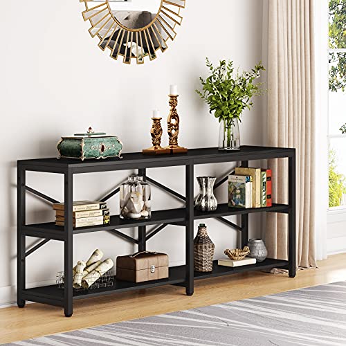 Tribesigns 70.9 Inch Extra Long Console Table, Modern Sofa Table Behind Couch Table with Storage Shelves, 3-Tier Industrial Hallway Entryway Table for Living Room, 3 Shelf Bookshelf(Black) - color: Black