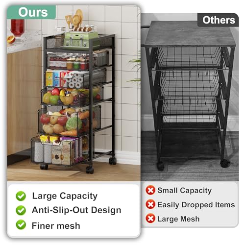 keomaisyto 6-Tier Kitchen Storage Cart with Top Basket & Drawers, Utility Fruit Vegetable Storage Rack on Lockable Wheels, Metal Rolling Snack Cart, Kitchen Organization for Potatoe Onion Can Spice - size: 6-Tier