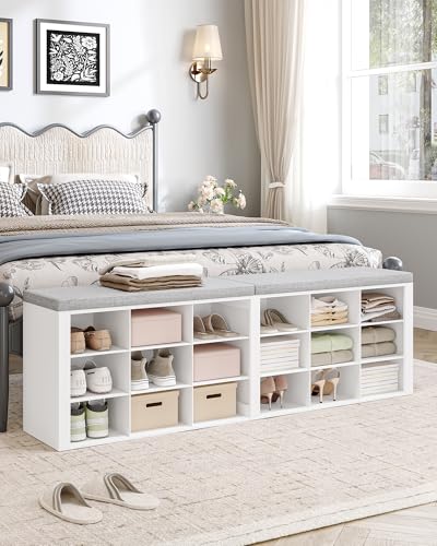 Hzuaneri Shoe Storage Bench with Cushion, Entryway Storage Bench with 18 Cubbies, 9.5" Widened Organizer Cabinet, Long Cubby Rack for Living Room, Bedroom, Entryway, White SB25703GY | 9.5" Widened Organizer Cabinet, large Cubby Shoe Rack for Living Room,