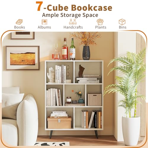 Tangkula 7-Cube Bookcase, Modern Storage Bookshelf with 4 Tapered Metal Legs & 2 Anti-Tip Kit, Freestanding Display Rack for Living Room, Study Room (White, 7-Cube) - size: Standard 7-Cube