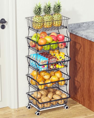 OKZEST 5 Tier Fruit Basket for Kitchen, Stackable Bins Wire Rack with Wheels, Fruit and Vegetable Storage Basket Pantry Food Snack Organizer Shelf, Kitchen Storage Cart for Onion and Potato, Produce | Kitchen pantry organizer rack with dirt catch tray, Ro