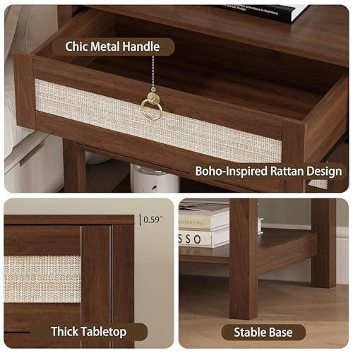 Xixini Rattan Nightstand with 2 Drawers and Open Shelf, 27" Wide Boho Bedside Table with Brass Knobs, Mid-Century Modern Wooden End Table for Bedroom, Walnut - color: Walnut