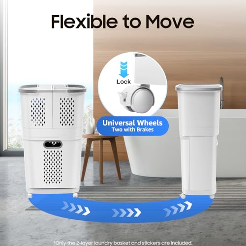 2 Tier Rolling Laundry Hamper Sorter, Removable Laundry Basket Cart with Wheels and Handle Removable Clothes Hamper Organizer White Portable Storage Baskets with 3 Deep Baskets for Bathrooms