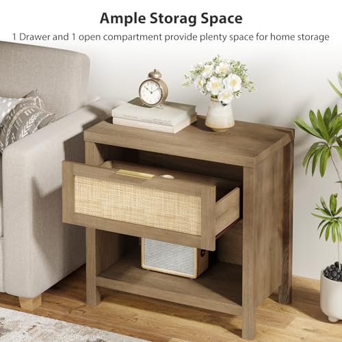 Eclatara Rattan Night Stands Set of 2, Boho Bedside Table with Drawer and Storage Shelf, Farmhouse Accent Nightstands Side Table for Bedroom Sofa Office (2, Reclaimed Caramel Oak) - color: Caramel Oak (Large 1 Drawer)