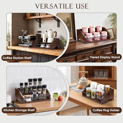 Wooden Liquor Bottle Display Shelf, 2 Tier Countertop Liquor Wine Rack, Coffee Syrup Rack Organizer, Mini Bar Home Retro Bar Shelves Stand for Bourbon Whiskey, Spirits, Alcohol Storage - size: 2 Tier