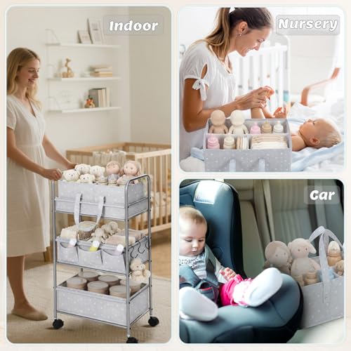 Yookeer 2in1 Baby Diaper Caddy Organizer Cart 3 Tier Large Capacity Metal Utility Bedside Rolling Cart with Divider Newborn Registry Gift Nursery Essential Must Have Bedroom Baby Shower(Gray,Star) - color: Gray, style: Star