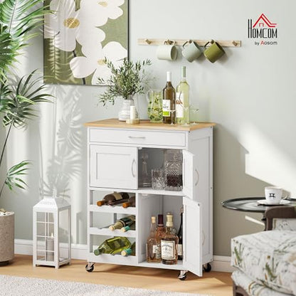 HOMCOM Bar Cart on Wheels with 9-Bottle Wine Rack, Wooden Countertop, White | Rolling Kitchen Island, Small Kitchen Cart, Wide Drawer, Island Table